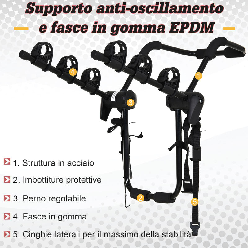 Portabici Posteriore da Auto in Acciaio per Trasporto di Max 3 Bici  Nero