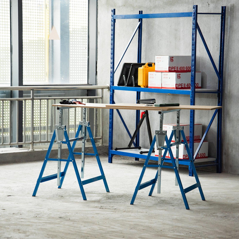 Set 2 Cavalletti da Lavoro Pieghevoli Telescopici Altezza Regolabile in Tubi d'Acciaio   Blu