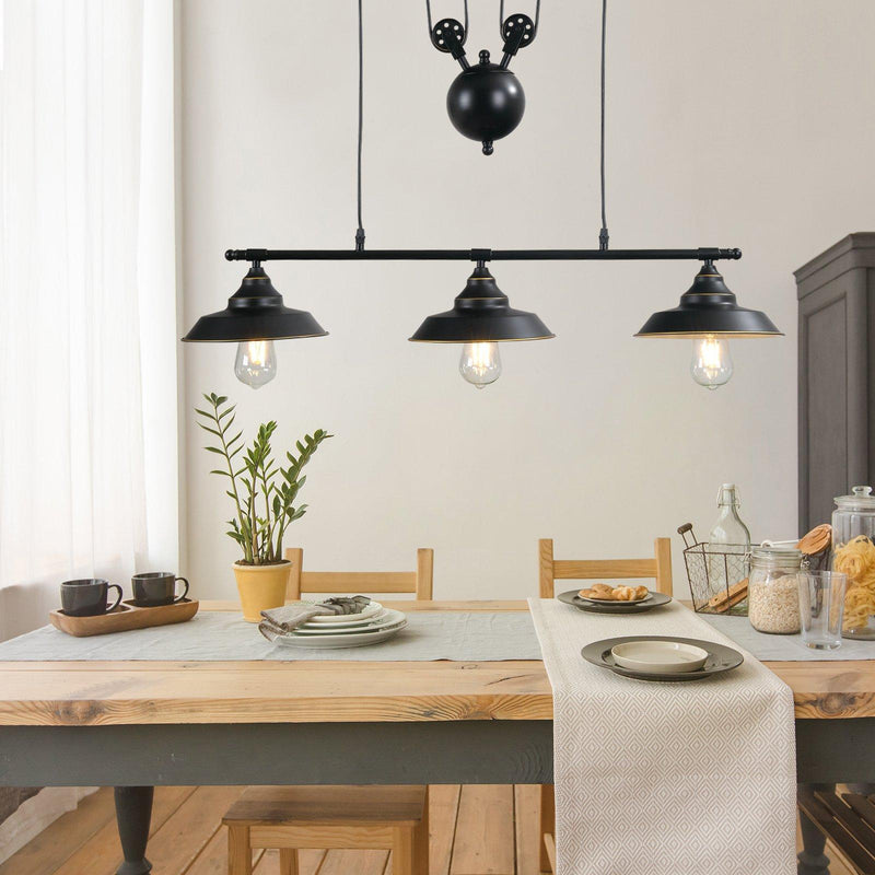 Lampada da Soffitto 3 Paralumi E27 in Metallo 90x22x180 cm  Nero