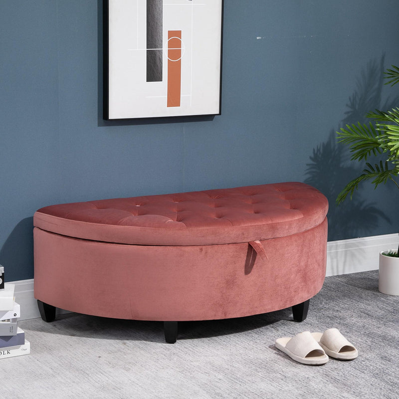 Panca Contenitore Semicircolare Imbottita in Tessuto Velluto 120x60x42 cm  Rosa