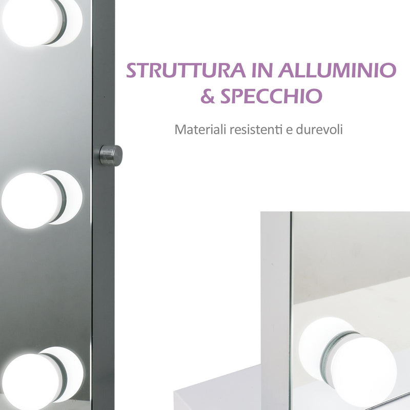 Specchio da Tavolo per Trucco con 9 Luci LED 70x50x3 cm 