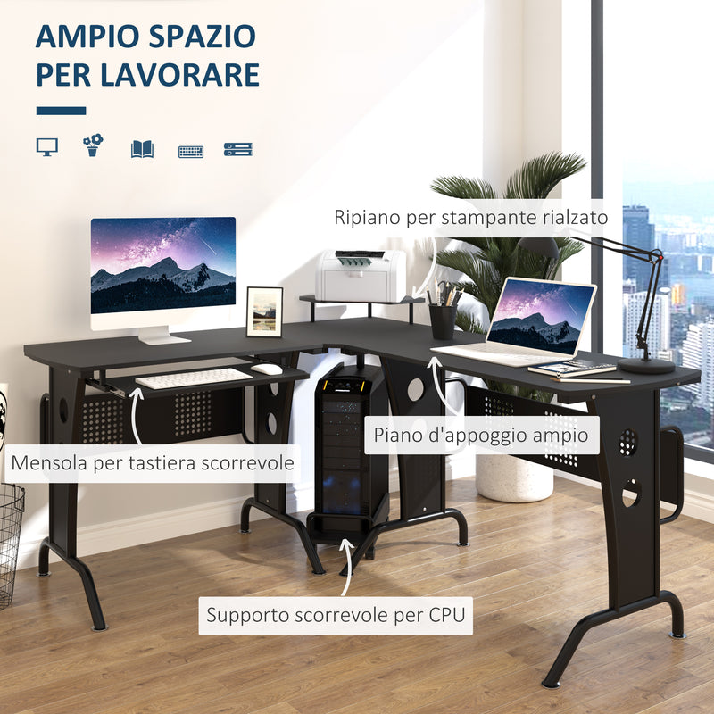 Scrivania da Ufficio ad Angolo Porta PC 170x140x86,5 cm in Acciaio e MDF  Nera