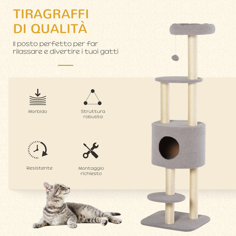 Tiragraffi con Cuccia per Gatti in Legno Sisal 45x40x148 cm  Grigio e Beige
