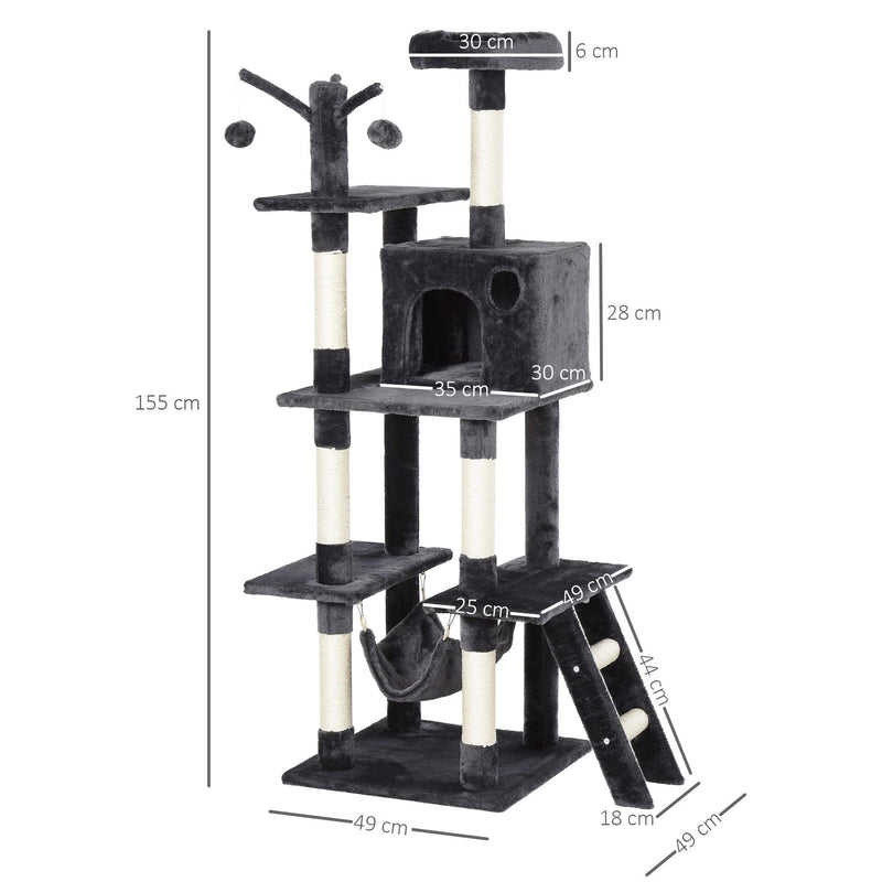 Tiragraffi con 2 Cuccie Amaca e Giochi per Gatti 49x49x155 cm in Peluche Sisal  Grigio Scuro