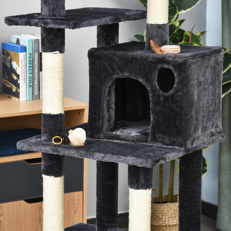 Tiragraffi con 2 Cuccie Amaca e Giochi per Gatti 49x49x155 cm in Peluche Sisal  Grigio Scuro