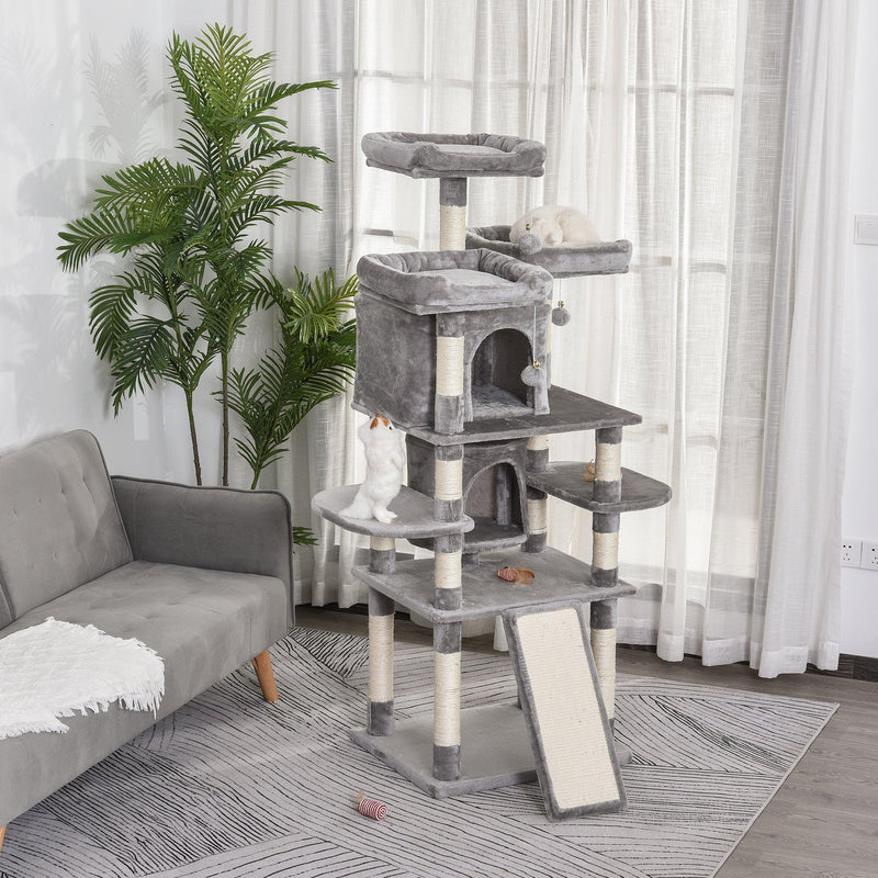 Tiragraffi con 2 Cucce e 2 Casette per Gatti 60x50x168 cm in Peluche Sisal  Grigio