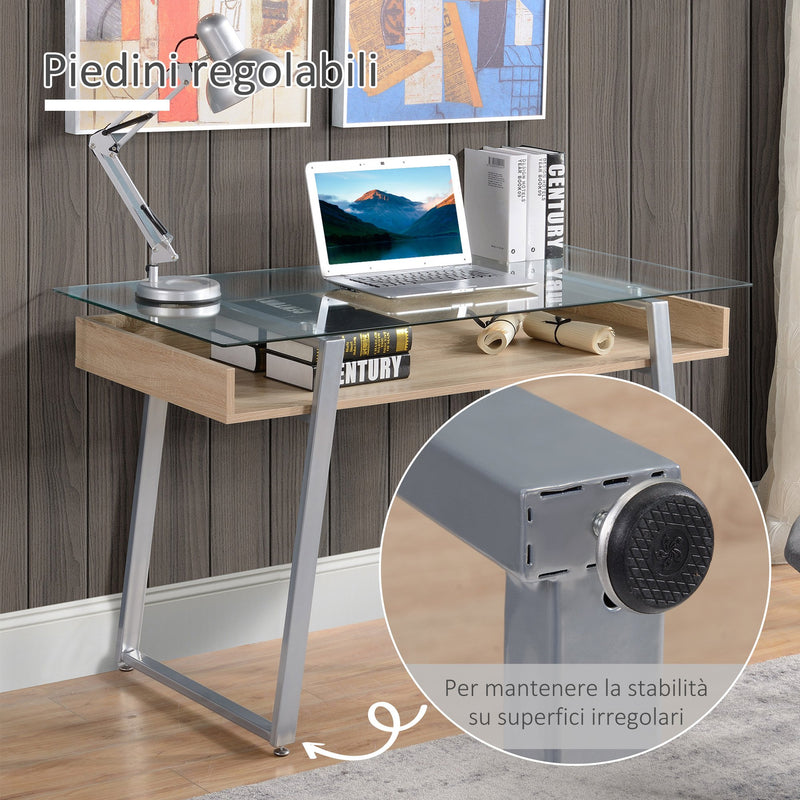 Scrivania da Ufficio Porta PC 120x60x74,5 cm in Acciaio Legno e Piano in Vetro 