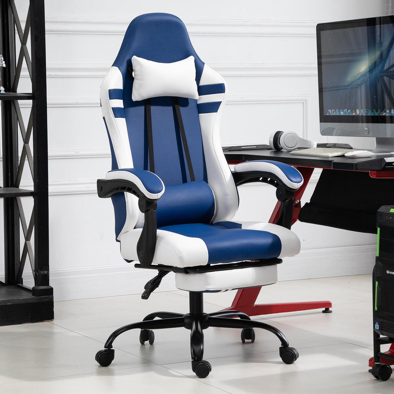Sedia da Gaming Ergonomica con Poggiapiedi  Blu e Bianco