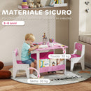Set Tavolo con 2 Sedie per Bambini 3-8 Anni Tavolino con Scaffale in Legno MDF con Disegni a Cuori Rosa      