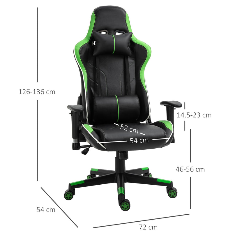 Sedia da Gaming Ergonomica 72x54x126-136 cm in PVC  Nera e Verde