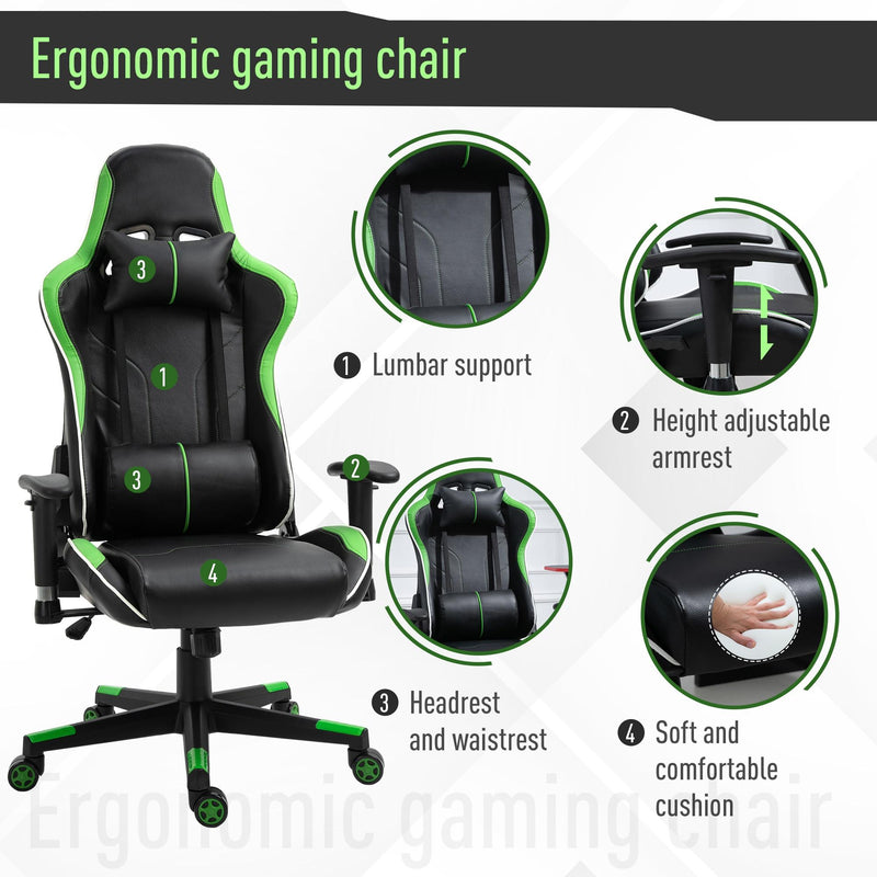 Sedia da Gaming Ergonomica 72x54x126-136 cm in PVC  Nera e Verde
