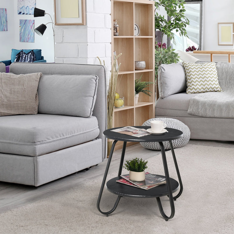 Tavolino Basso 2 Ripiani Ø50x46,5 cm in Metallo e Legno  Nero