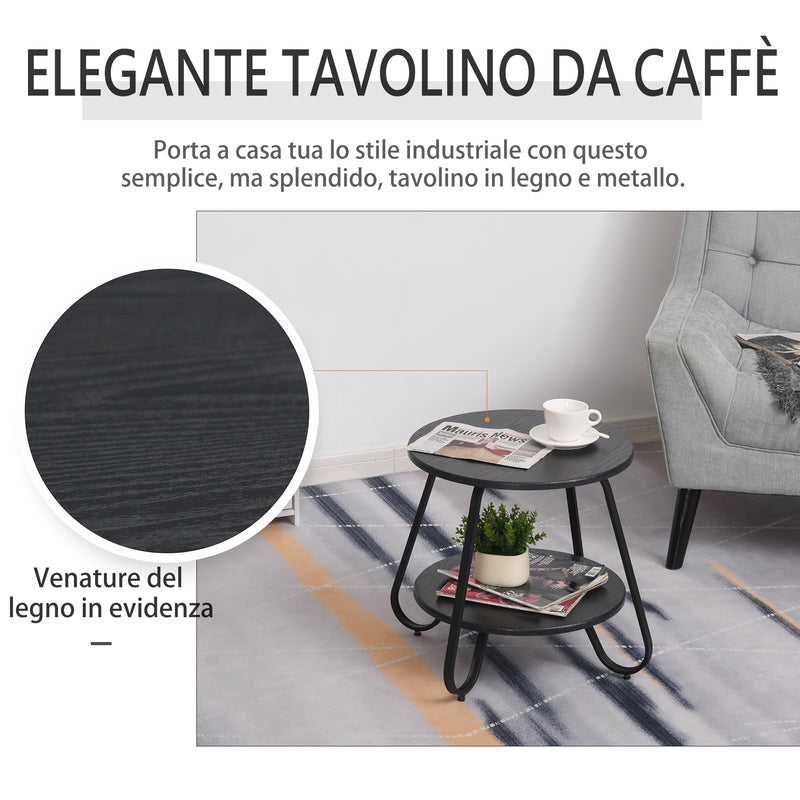 Tavolino Basso 2 Ripiani Ø50x46,5 cm in Metallo e Legno  Nero