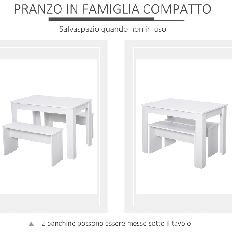 Set da Pranzo Tavolo e 2 Panche in Legno Truciolare  Bianco