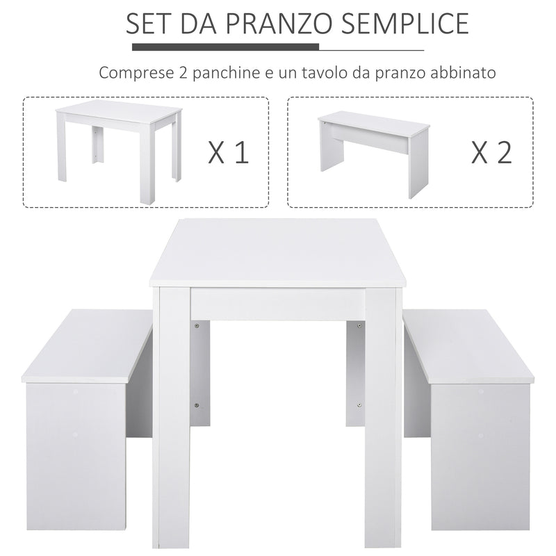 Set da Pranzo Tavolo e 2 Panche in Legno Truciolare  Bianco