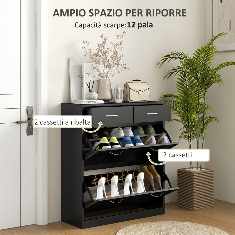 Mobile Scarpiera da 12 Paia 80x30x91,5 cm con Ripiani Regolabili e Cassetti in Legno Nero  