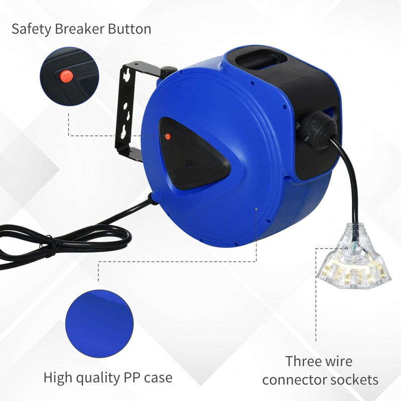 Avvolgicavo Elettrico Automatico da Parete 20m 3 Attacchi  Blu