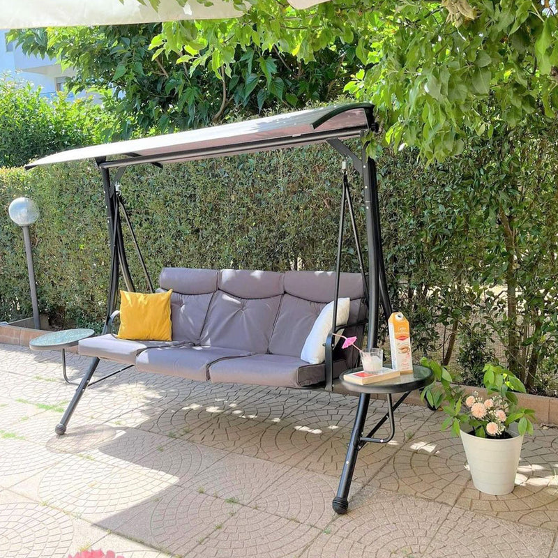 Dondolo da Giardino 3 Posti in Metallo con 2 Tavolini Grigio