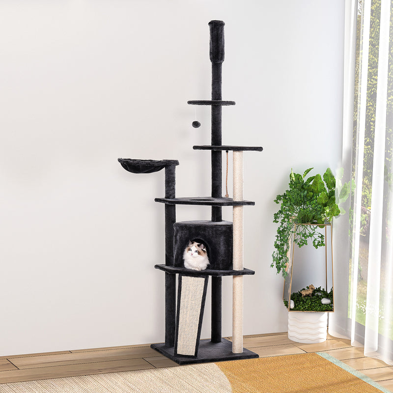 Albero Tiragraffi per Gatti 56x56x240 cm in Peluche e Corda di Juta Grigio Scuro e Beige