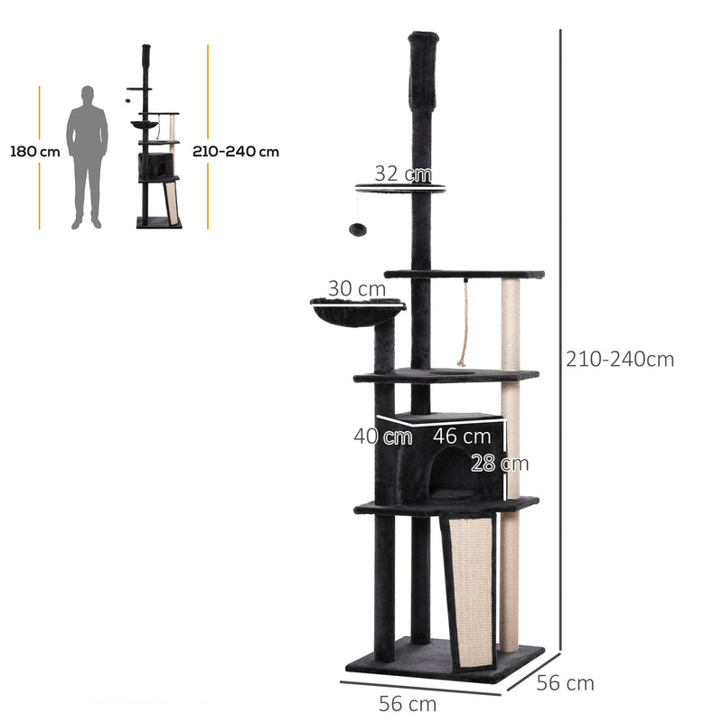 Albero Tiragraffi per Gatti 56x56x240 cm in Peluche e Corda di Juta Grigio Scuro e Beige