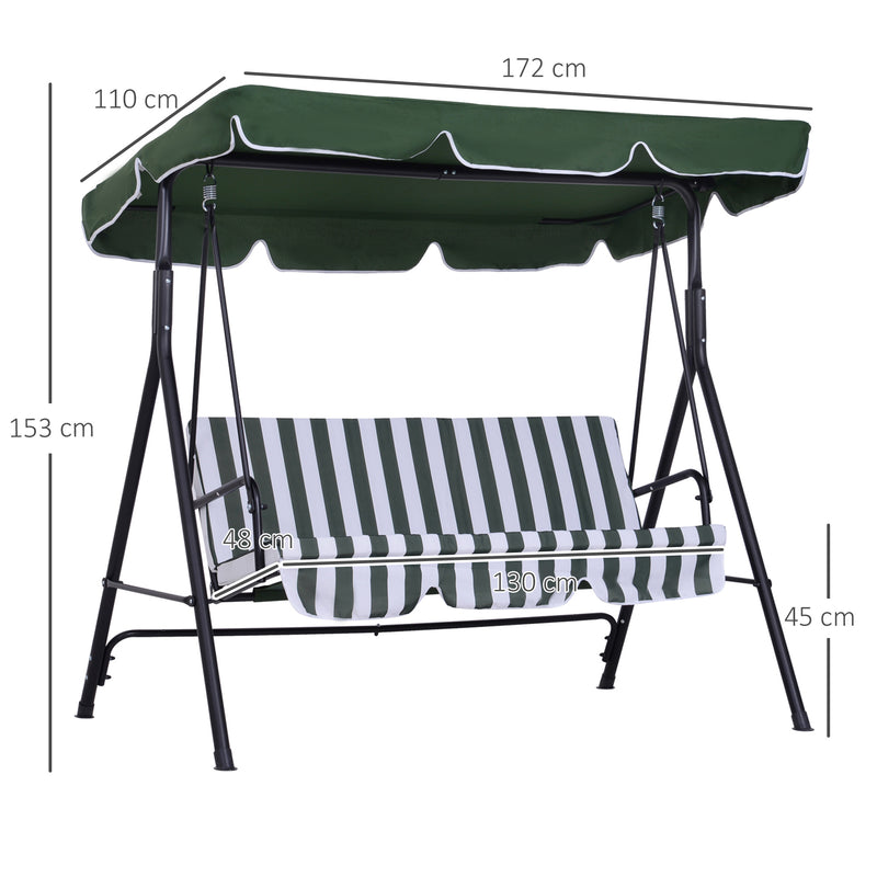 Dondolo 3 Posti da Giardino 172x110x152 cm in Acciaio e Tessuto Verde e Bianco