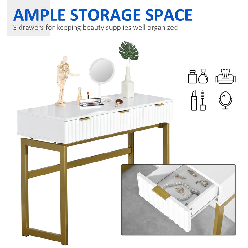 Consolle Trucco da Camera 100x40x76 cm in MDF e Metallo Bianco e Oro