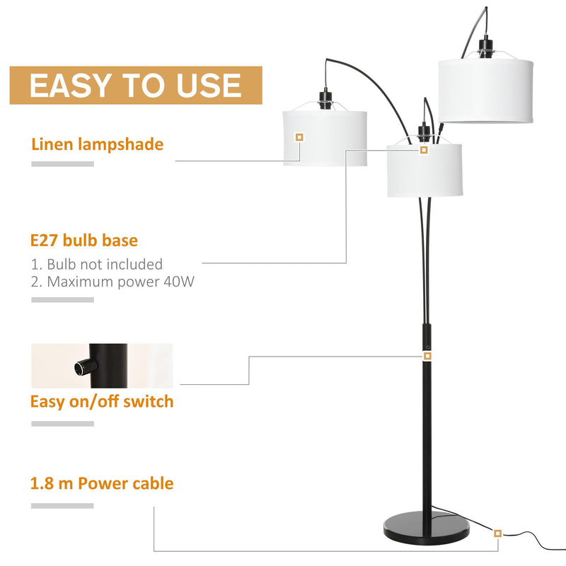 Lampada da Terra con 3 Paralumi E27 H205 cm in Metallo Nero e Bianco