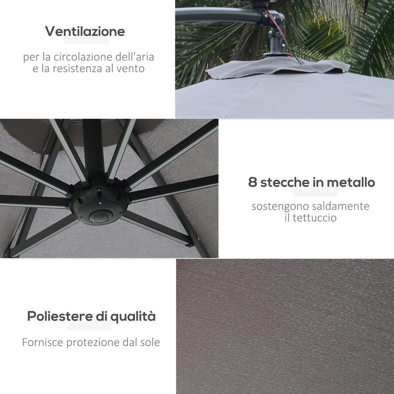 Ombrellone da Giardino Decentrato Ø2,95m in Acciaio Grigio e Nero