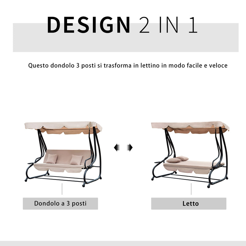 Dondolo 3 Posti da Giardino con Schienale Reclinabile per Funzione Letto Beige