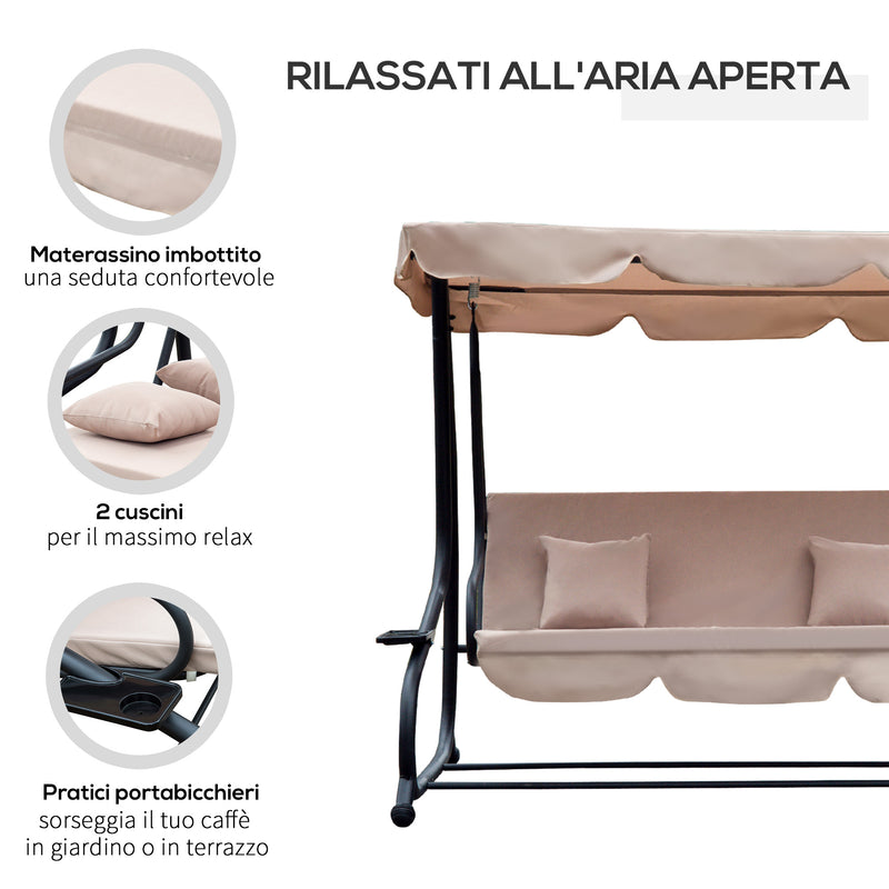 Dondolo 3 Posti da Giardino con Schienale Reclinabile per Funzione Letto Beige