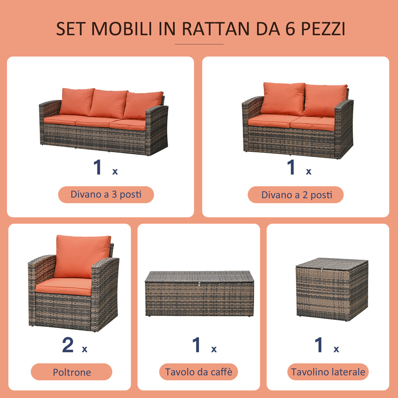 Set Salotto da Giardino 2 Divani 2 Poltrone Tavolino e Contenitore in Rattan Marrone e Arancione