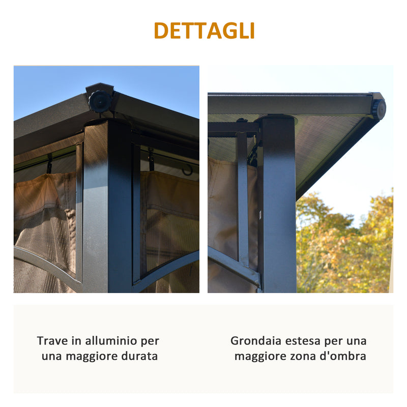 Gazebo da Giardino con Zanzariera 3,6x3m Tetto in Policarbonato Marrone