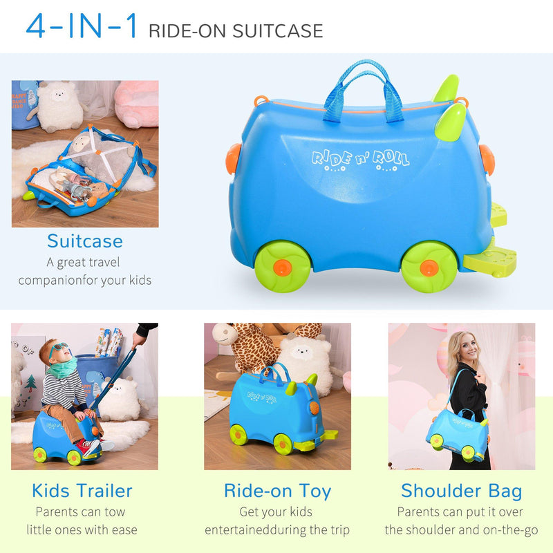 Valigia Trolley Bagaglio a Mano Cavalcabile per Bambini 4 Ruote Azzurra