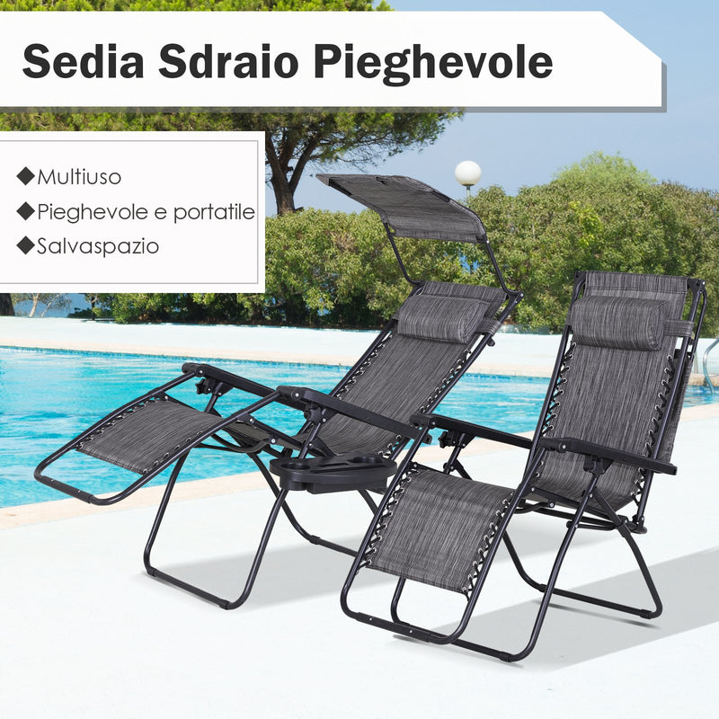 Sedia Sdraio Zero Gravity Reclinabile Pieghevole con Tettuccio e Portabicchieri in Textilene Grigio