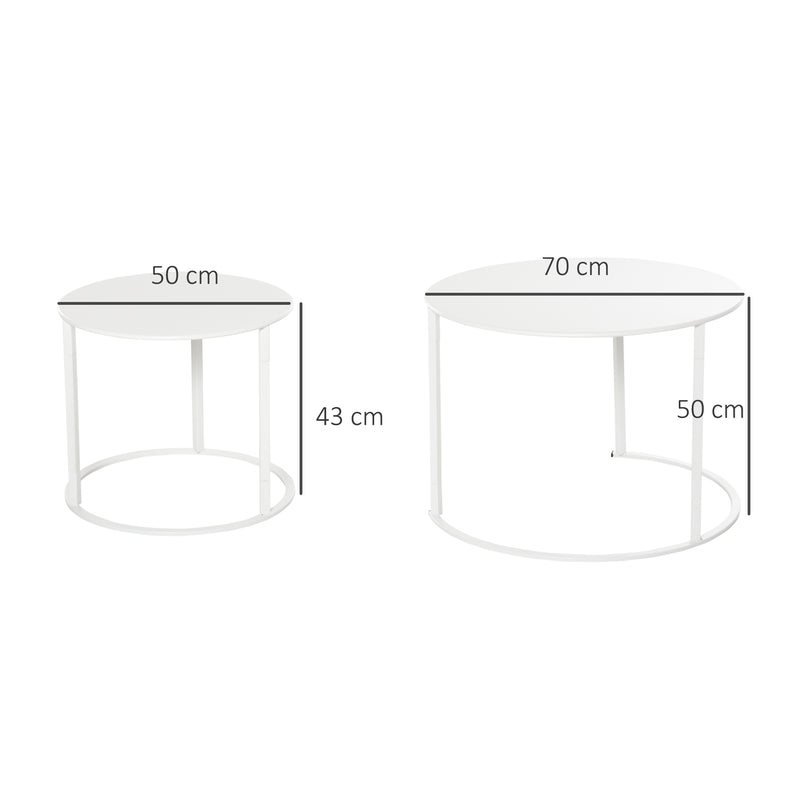 Set 2 Tavoli da Giardino Sovrapponibili Ø70 cm e Ø50 cm in Ferro Bianco