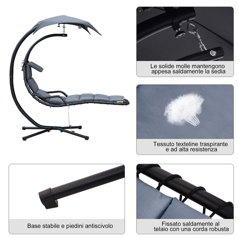 Sedia Dondolo Pensile Relax Chaise Longue con Tettuccio Grigio