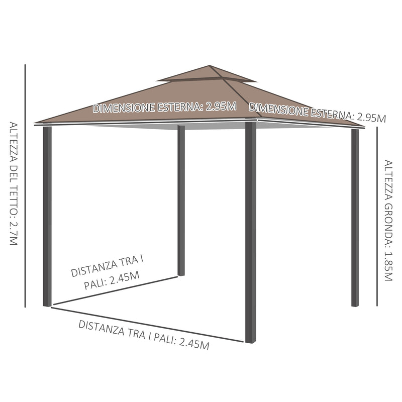 Gazebo da Giardino 3x3m con Zanzariera in Metallo e Poliestere Marrone e Bianco