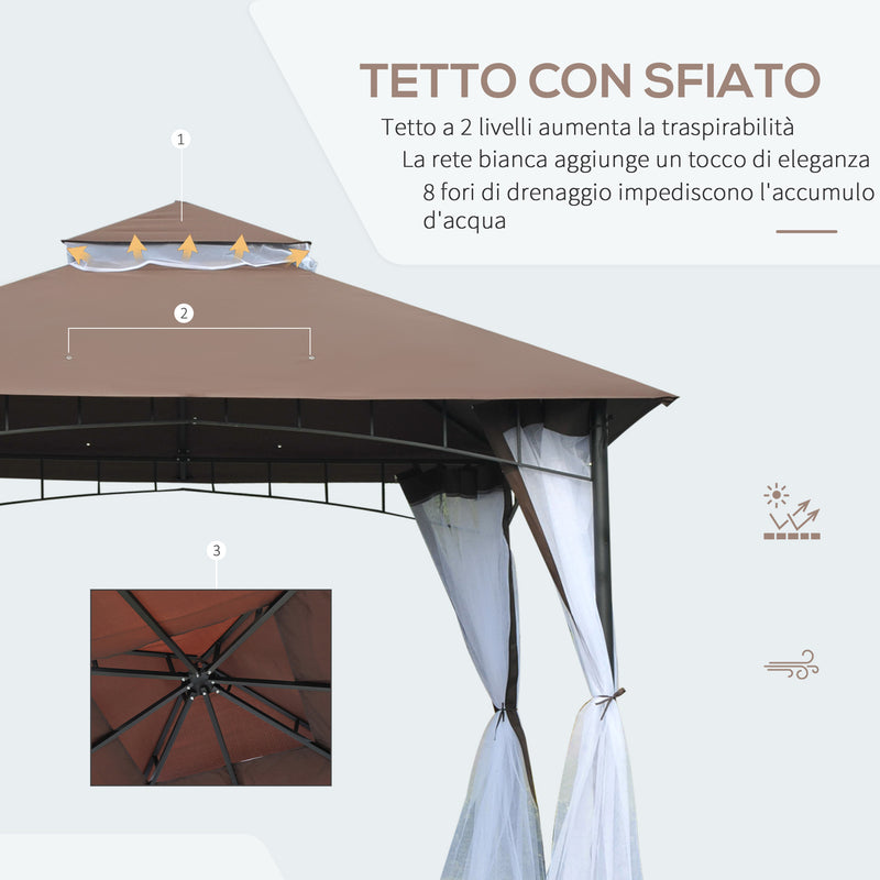 Gazebo da Giardino 3x3m con Zanzariera in Metallo e Poliestere Marrone e Bianco