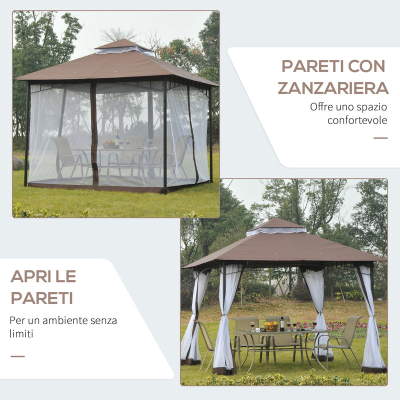 Gazebo da Giardino 3x3m con Zanzariera in Metallo e Poliestere Marrone e Bianco