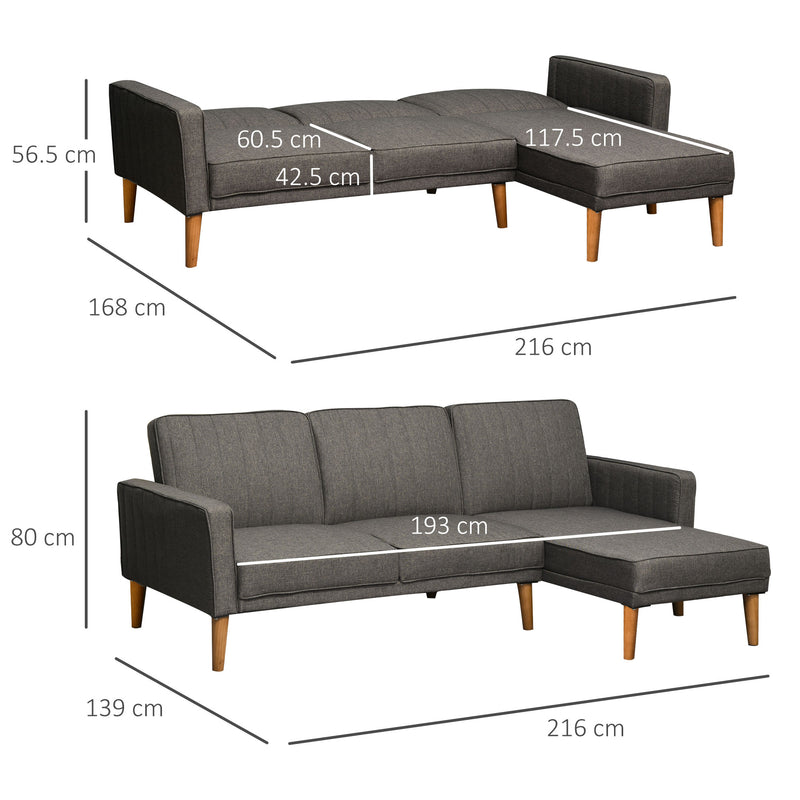 Divano Letto Angolare 216x139x80 cm con Penisola in Legno e Tessuto Grigio