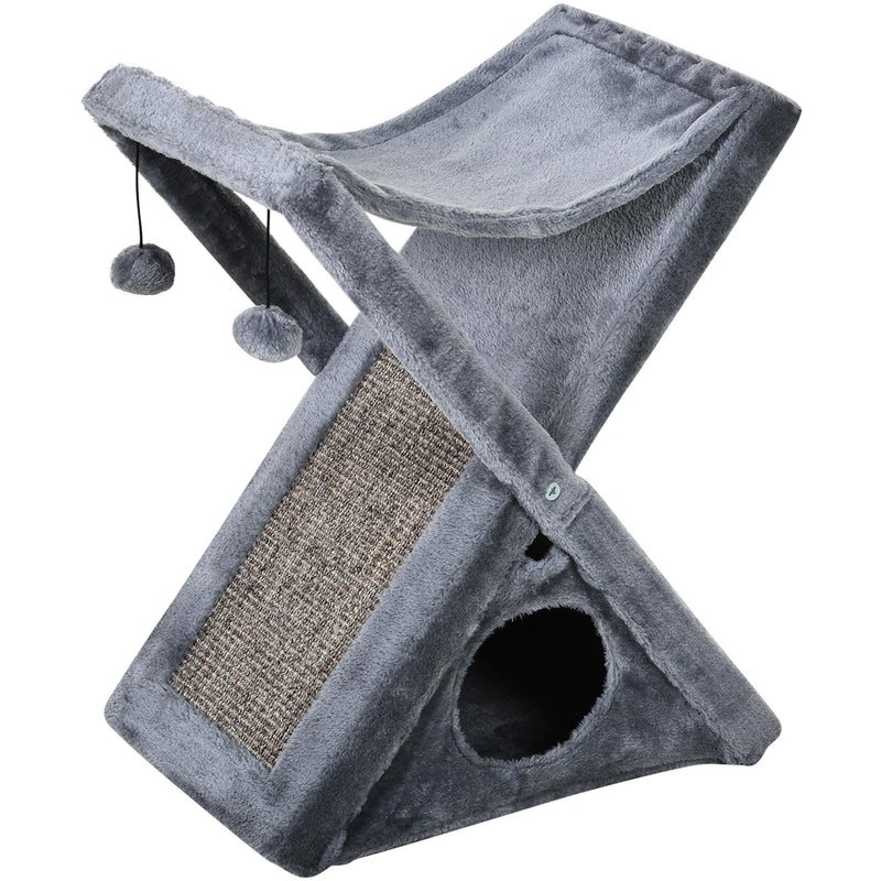 Tiragraffi per Gatti Pieghevole 54,5x32x65 cm con Casetta in Peluche  Grigio