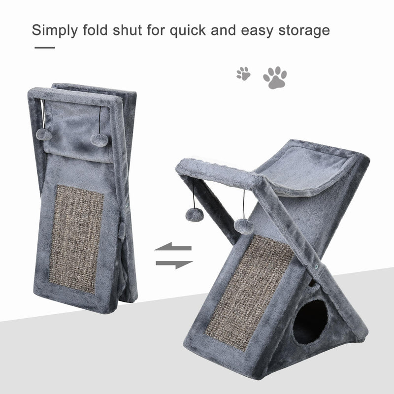 Tiragraffi per Gatti Pieghevole 54,5x32x65 cm con Casetta in Peluche  Grigio