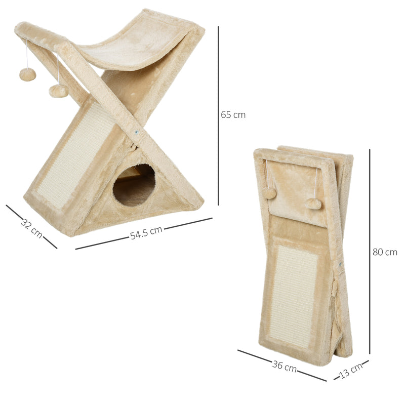 Tiragraffi per Gatti Pieghevole 54,5x32x65 cm con Casetta in Peluche Giallo