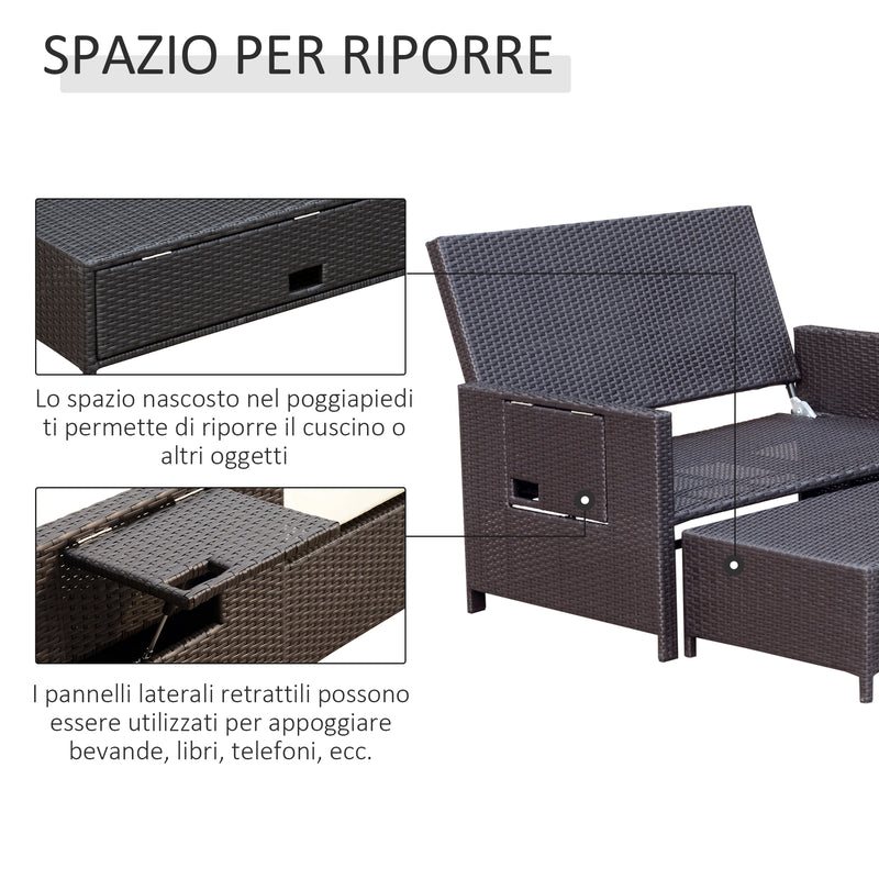 Divano da Giardino con Panca Poggiapiedi 130x72x96 cm in Rattan Marrone