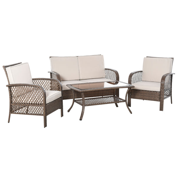sconto Set Salotto da Giardino Divano 2 Poltrone e Tavolino in Rattan Marrone