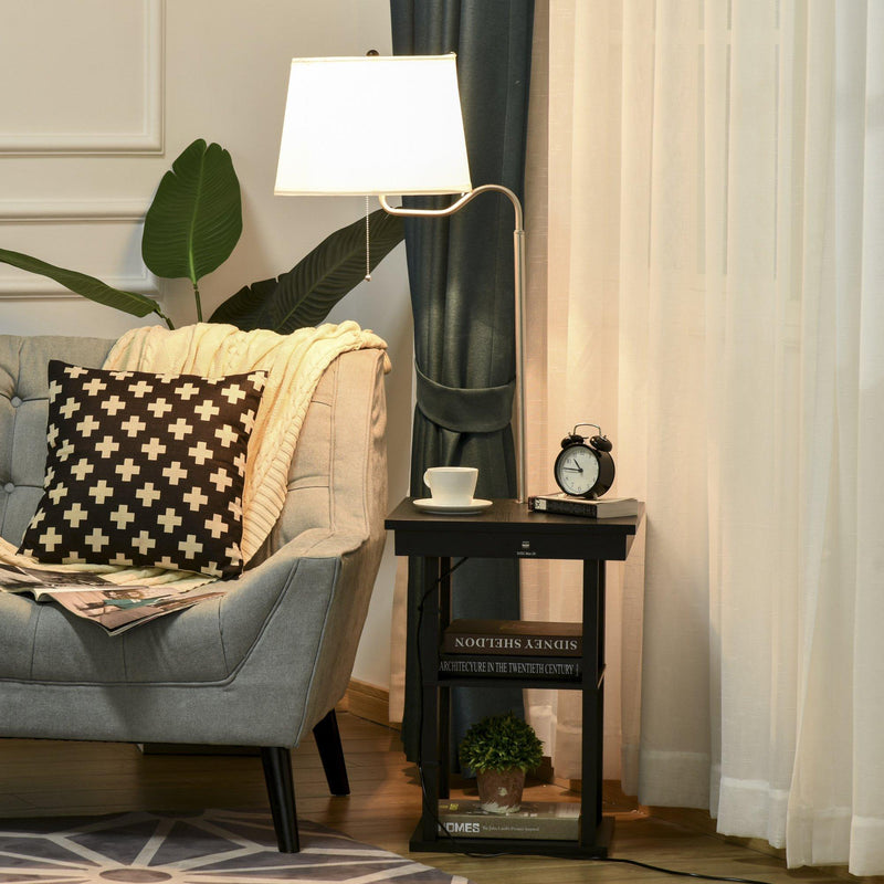 Lampada da Terra con Tavolino e 2 Prese USB 44,5x44,5x144,5 cm in Metallo Nero