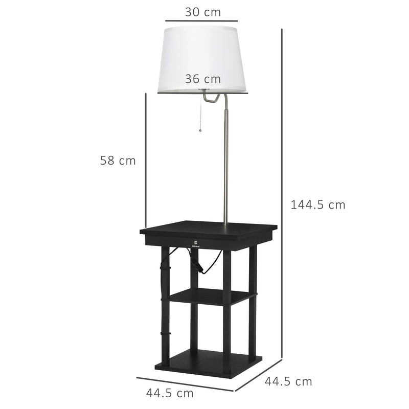 Lampada da Terra con Tavolino e 2 Prese USB 44,5x44,5x144,5 cm in Metallo Nero