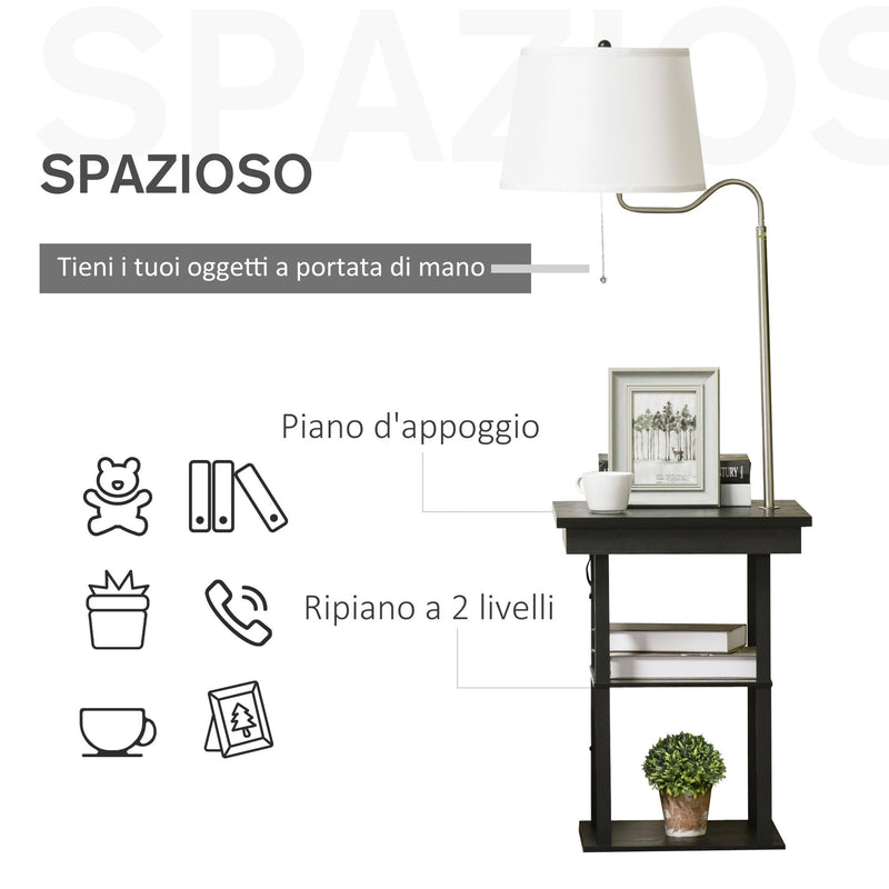 Lampada da Terra con Tavolino e 2 Prese USB 44,5x44,5x144,5 cm in Metallo Nero