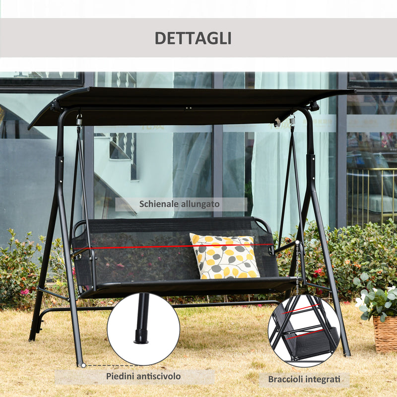 Dondolo 3 Posti da Giardino 172x110x155 cm in Metallo e Textilene Nero