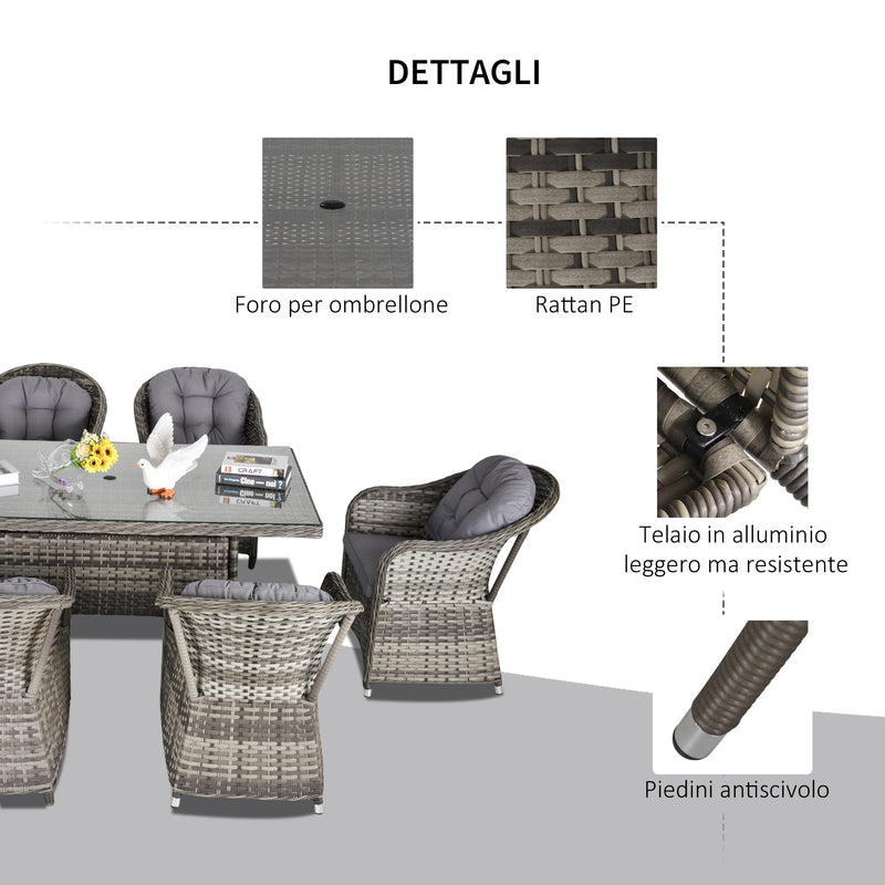 Set Tavolo e 6 Sedie da Giardino in Rattan con Cuscini Grigio
